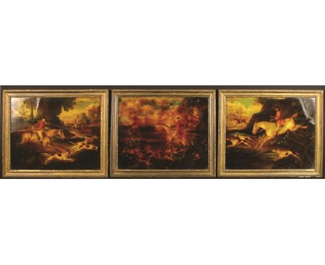 A Set of Three 19th Century Reverse Paintings on Glass of hunting scenes, 12¼ ins x 15½ ins (31 cm x 39.5 cms), set on moulde