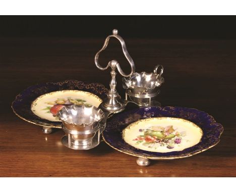 A Silver Plated Strawberries & Cream Stand holding a cream jug & sugar bowl with crimped rims to the centre, flanked by a pai