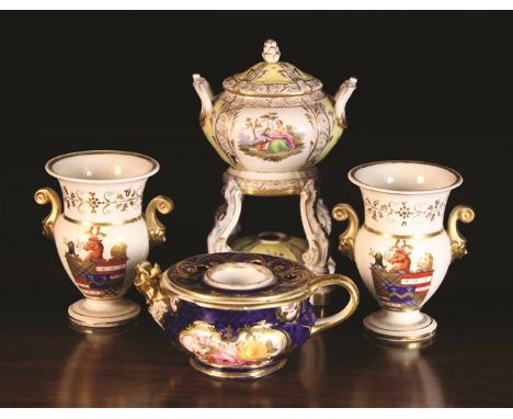 A Fine 19th Century Coalport Inkwell, a pair of small 19th century crested ware spill vases and a small Berlin porcelain cens