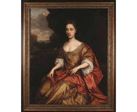 English School, Circa 1720. An Oil on Canvas: Three Quarter Length Portrait of an Eminent Lady depicted holding a staff, seat