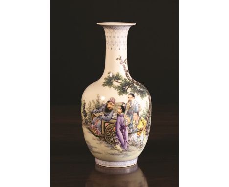 A Chinese Republican Style Baluster Vase finely decorated with a man in wheel chair and three male attendants beneath a pine 