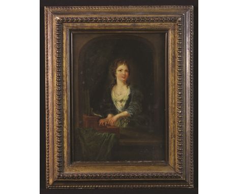 An 18th Century Oil on Oak Panel depicting Saint Cecilia depicted within an arch playing a spinet. Printed label on verso: 'S