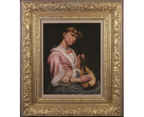 A 19th Century Oil on Canvas: Portrait of a lady sat playing a lute, 20 ins x 16 ins (51 cms x 41 cms) in a decorative moulde