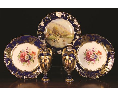 A Pair of Decorative Vases & Three Cabinet Plates: The small German Lichte garniture vases having slender ovoid bodies decora