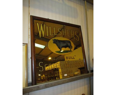 Victorian Pub Mirror for Willsher's Black Bull Scotch Whisky Dundee by London Sandblast Glass Works 180 1/2 Burdett Road Bow,