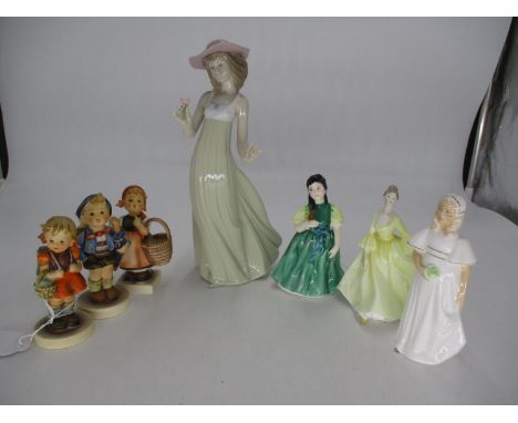 Three Hummel Figures, 2 Royal Doulton Figures, Nao and Coalport Figures 