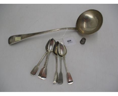 Silver Soup Ladle, London 1910, 6 Georgian Silver Teaspoons and a Silver Thimble, 358g total 