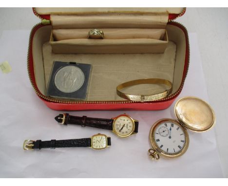 Jewel Box with Gold Plated Pocket Watch, 2 Ladies Watches, Expanding Bangle, Silver Ring and 1953 Crown 