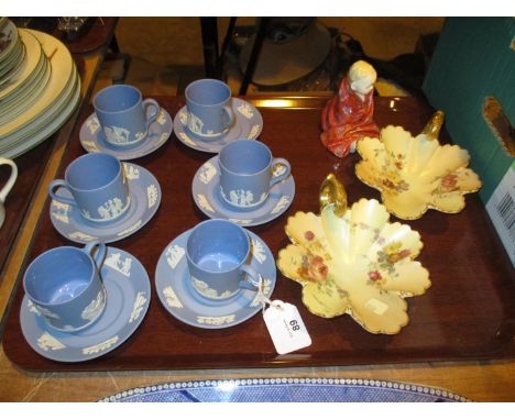 Wedgwood Blue Jasper 12 Piece Coffee Set, Royal Doulton Figure and 2 Royal Worcester Dishes 