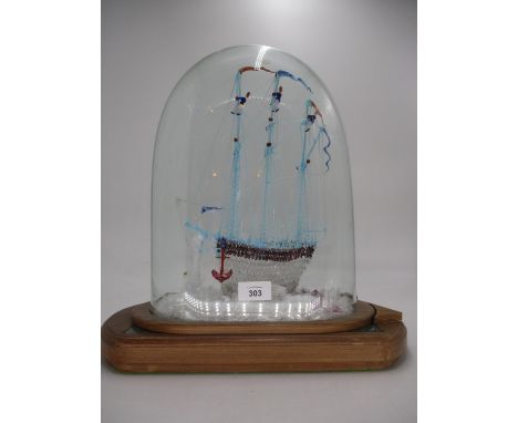 Nailsea Type Glass Frigger of a Masted Galleon with Sailors Climbing the Rigging under a Cracked Glass Dome, total height 42c