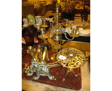 Brass Four Branch Candelabra, Trivet, Pair of Fire Dogs, Two Pokers and a Toasting Fork 