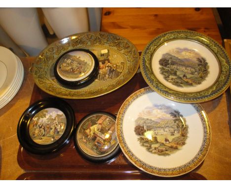Three Prattware Pot Lids, 2 Comports and a Dish 