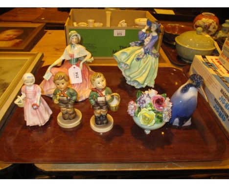 Three Royal Doulton Figures, 2 Hummel Figures, China Posy and B&amp;G Kingfisher 