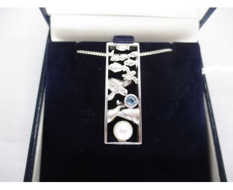 Blue Topaz, Pearl and Diamond Turtle and Dolphin Pendant and Chain 