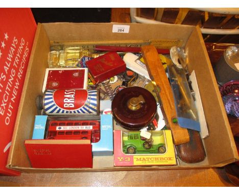 Box with Tape Measure, Badges, Model Vehicles etc 