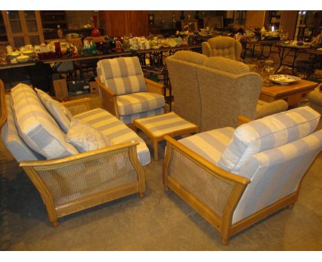 Ercol Oak and Bergere 3 Piece Lounge Suite with Stool 
