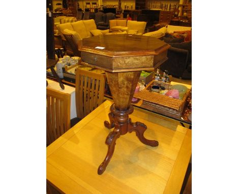 Victorian Walnut Trumpet Work Box on Tripod Base 