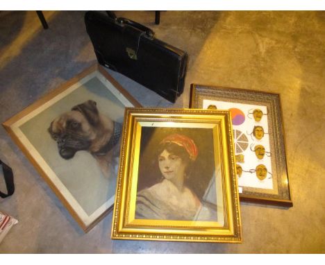 A. Bryson, Pastel Drawing of a Dog, Portrait Oil Painting, Japanese Mask Picture and a Briefcase 