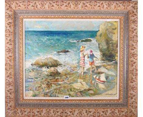 20TH CENTURY SCHOOL&nbsp;Figures sailing a model boat&nbsp;Indistinctly signed oil on canvas 48cm x 59cm 