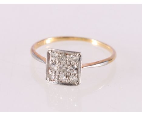 Art Deco style 18ct yellow gold and platinum ring set with a 3x3 matrix of small round cut diamonds, ring size L, 1.8g 