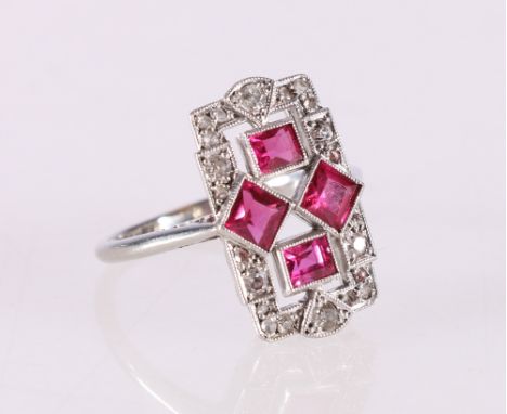 Art Deco style 18ct white gold and platinum diamond and ruby dress ring, ring size S, 6.1g# Condition Report:Band marked 18ct