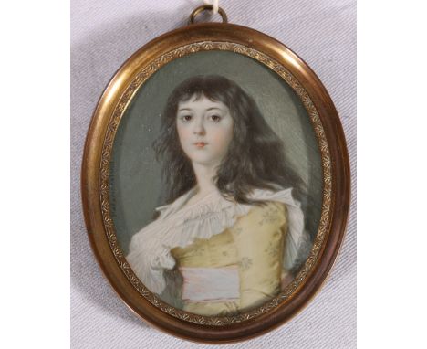 19th Century watercolour miniature portrait of Madam Roland, revolutionary and writer also named verso, Madam Roland. B., wit