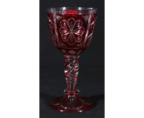 Bohemian flash cut cranberry glass goblet or chalice raised on twist stem, 17cm tallCondition Report:Some light scratching, g