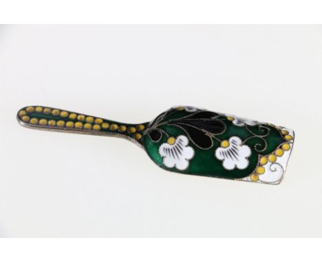 Russian enamelled silver tea caddy spoon with gilt interior marked sickle and hammer inside a star, 916, 9 cm. 