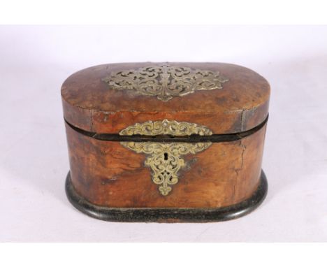 Antique walnut tea caddy of rounded shape with brass onlaid decoration and twin division interior with lids labelled for gree