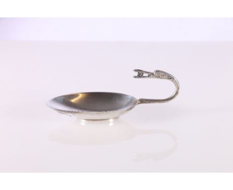 George VI silver oyster dish or tastevin with oval bowl and bird head with pearl in beak handle by&nbsp;Brook &amp; Son, Edin