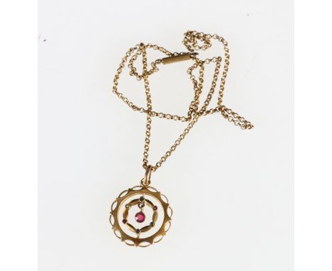 Unhallmarked ruby and peridot pendent on trace chain, untested, 4.8g gross in Renton's Ltd of Princes Street Edinburgh box 