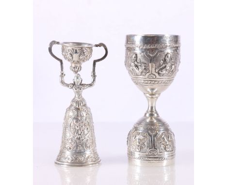 800 grade silver candle snuffer in the form of a women holding bowl, 10cm tall also a white metal double measure with Thai de