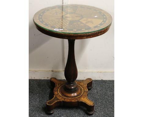 Victorian marquetry and parquetry inlaid pedestal occasional table, the circular top inlaid with designs including family cre