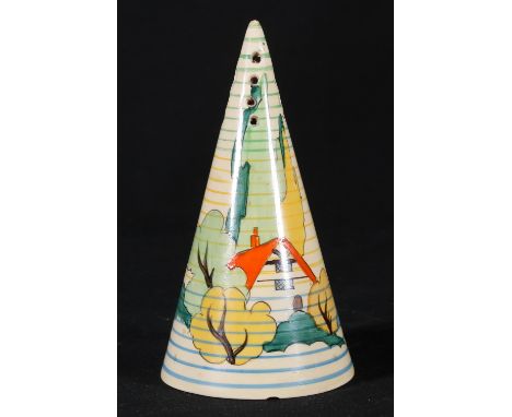 Art Deco Clarice Cliff Wilkinson Ltd conical sugar castor decorated with cottage amongst trees design, black mark to base, 14