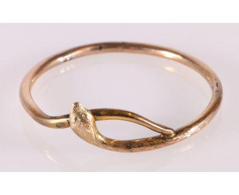 9ct gold slave bangle modelled as a snake circling around to lay head upon tail, stamped "9ct", hallmarks rubbed, 8.7g 