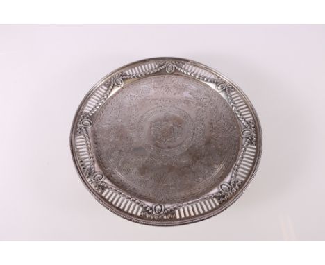 Victorian silver salver with pierced rim and supports and garland border by&nbsp;Martin, Hall &amp; Co (Richard Martin &amp; 