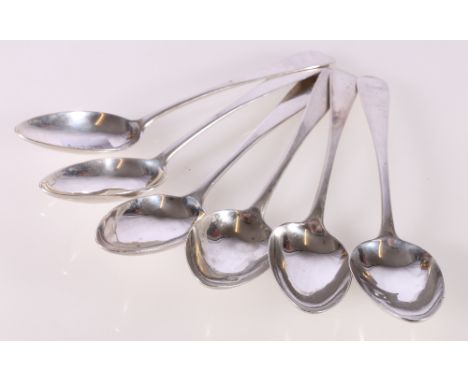 Set of six George III silver table spoons monogrammed R, possibly by William Auld or William Allan, Edinburgh 1797, 383g 