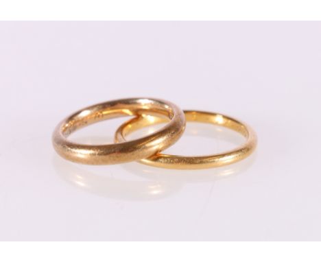 22ct yellow gold plain wedding band, ring size P, 2.6g and a 9ct yellow gold plain wedding band, ring size L/K, 2.9g, (2) 