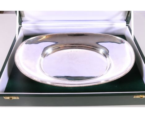 Contemporary silver dish of boat shape with feather edge by&nbsp;Barker Ellis Silver Co, Birmingham 1997, 29.5cm long, 466g 