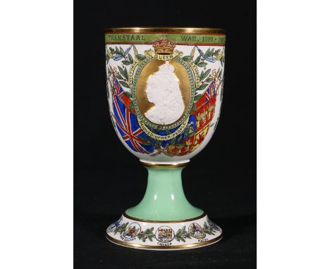 Commemorative porcelain goblet or chalice commemorating the Transvaal War 1899-1900 and Equal Rights For All with vignettes o