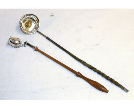 Georgian toddy ladle with inset George II shilling to the bowl and having twisted baleen handle and a candlesnuffer on turned