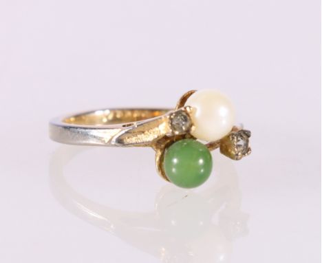 Yellow metal white stone, pearl and jade crossover ring stamped HGE, 2.3g 