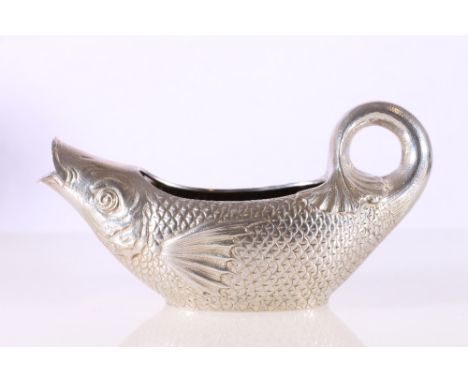 Novelty silver white metal cream jug or sauceboat in the form of a fish with gilded interior, pattern number 500, monogrammed