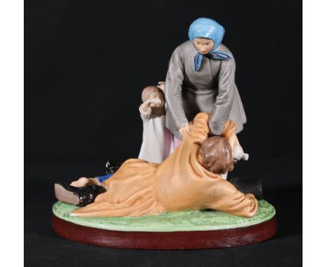 Russian Gardener porcelain figure of a drunkered holding flask having fallen over losing his top hat with wife supporting him