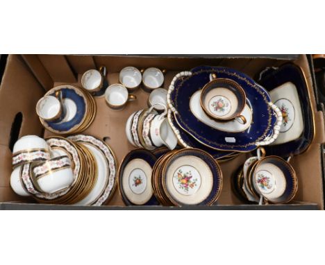 An Aynsley blue and gilt-bordered tea service with floral printed decoration to/w a similar Coalport fruit service, an Edward