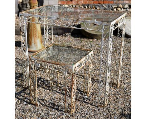 A vintage wrought steel glass top garden table, 87.5 cm x 49.5 cm x 77 cm h to/with another smaller 42 cm x 42 cm x 46 cm h (