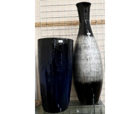 A large blue-glazed ceramic vase/stickstand to/w a large pottery baluster vase (2) 