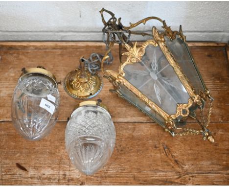 A hexagonal glass and brass ceiling lantern with wheel-etched glass panels, to/w two small ceiling lights with ovoid cut glas