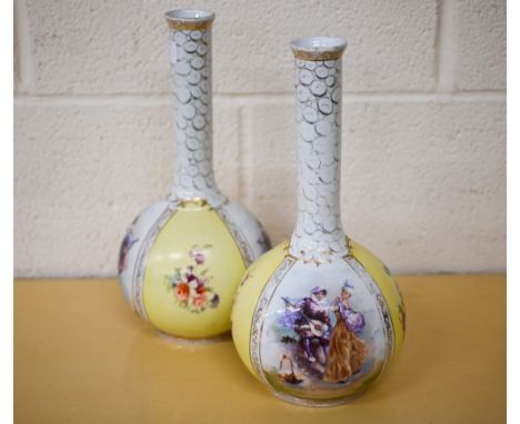 A pair of Victoria (Carlsbad, Austria) ceramic bottle vases in the Dresden manner printed with fete champetre figures and flo