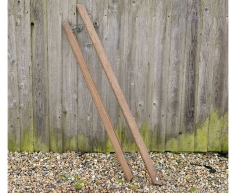 Two vintage oak short hand rails with brass wall fittings, 151 cm and 132 cm long (2) 